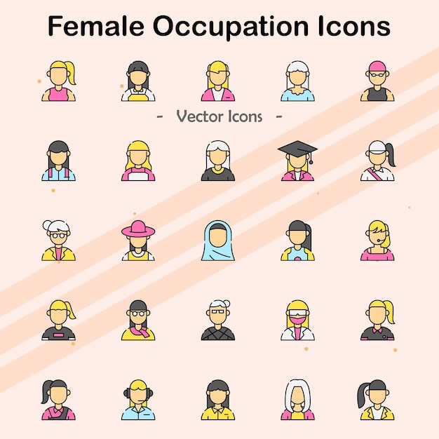 Icone che rappresentano diverse professioni e occupazioni femminili