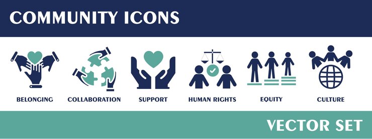 Icone comunitarie contenenti appartenenza collaborazione supporto cultura di equità dei diritti umani Flat D