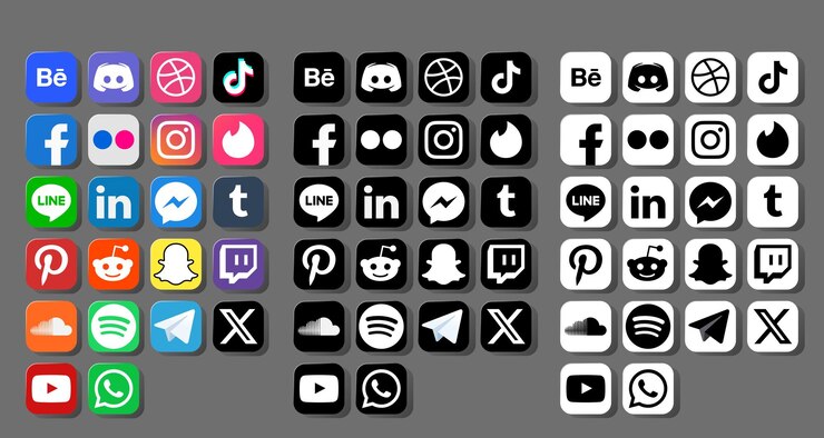 Vettore icone dei social media a colore bianco e nero con ombra