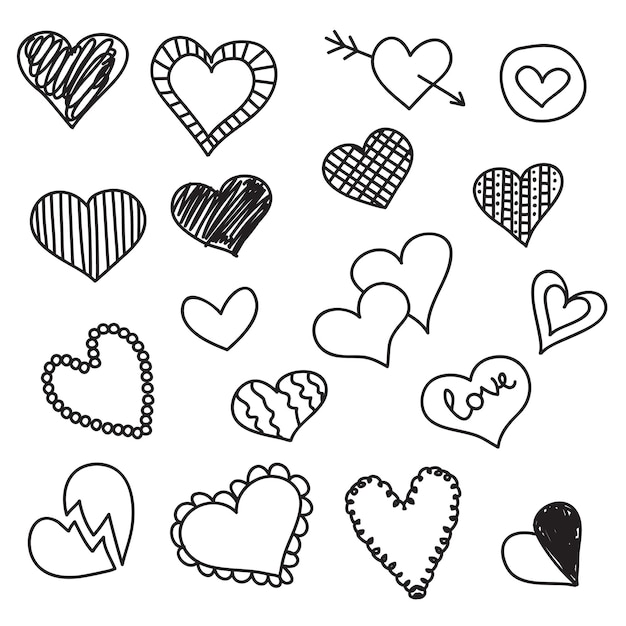 Icone del cuore di Doodle impostate illustrazioni vettoriali disegnate a mano