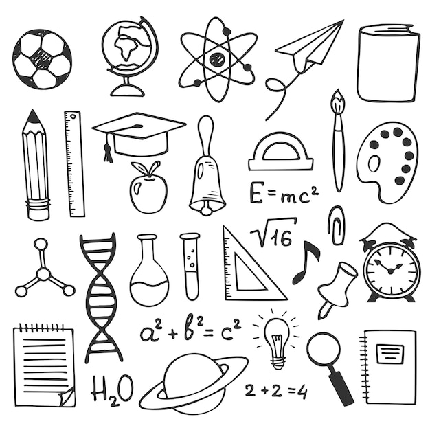 Icone del disegno di schizzo di istruzione scolastica. Illustrazione di elementi di educazione disegnati a mano