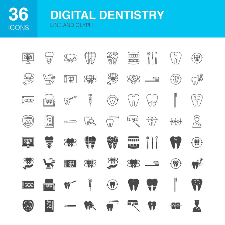 Icone del glifo Web della linea di odontoiatria digitale