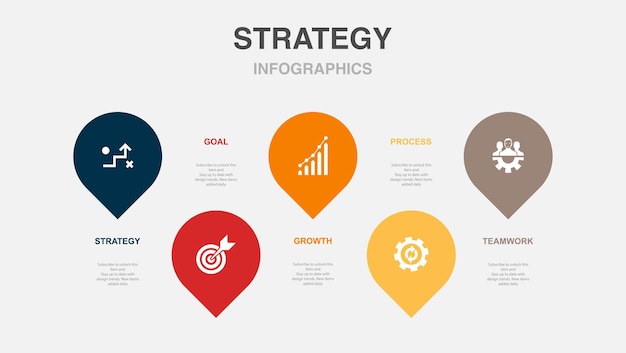 Icone del lavoro di squadra del processo di crescita dell'obiettivo della strategia Modello di layout di progettazione infografica Concetto di presentazione creativa con 5 passaggi