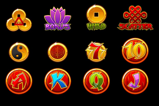 Icone della Cina per il gioco di slot machine di casinò con simboli cinesi. Icone di slot su livelli separati.