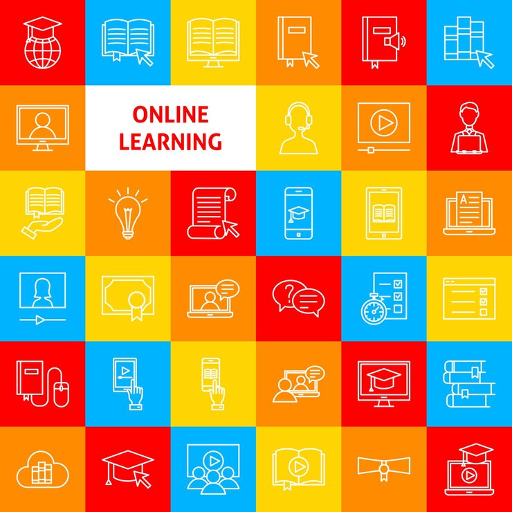 Icone della linea di apprendimento online. Simboli di educazione profilo sottile vettoriale.