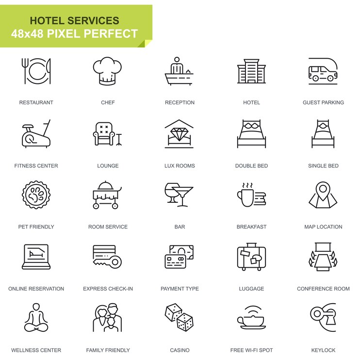 Vettore icone della linea di servizio hotel set semplice