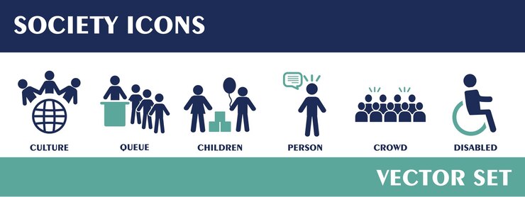 Icone della società contenenti la cultura coda bambini persona folla disabili Flat Design Vector Set