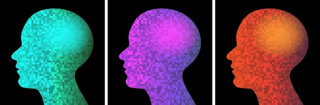 icone della tecnologia AI Set di profili della testa dei pixel Collezione di logo dell'intelligenza artificiale Vettore