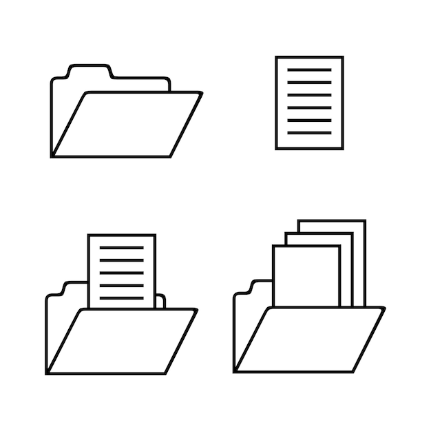 Icone di cartelle e documenti Stile di contorno semplice Simboli di gestione dei file Set vettoriale minimo pulito