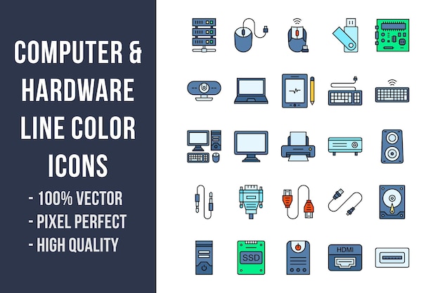 Icone di colore della linea di computer e hardware