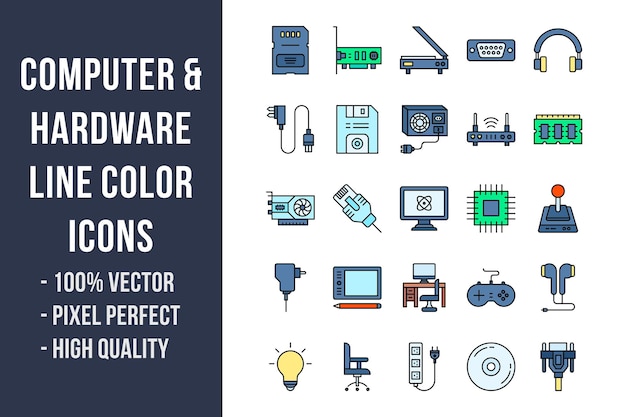 Icone di colore della linea di computer e hardware