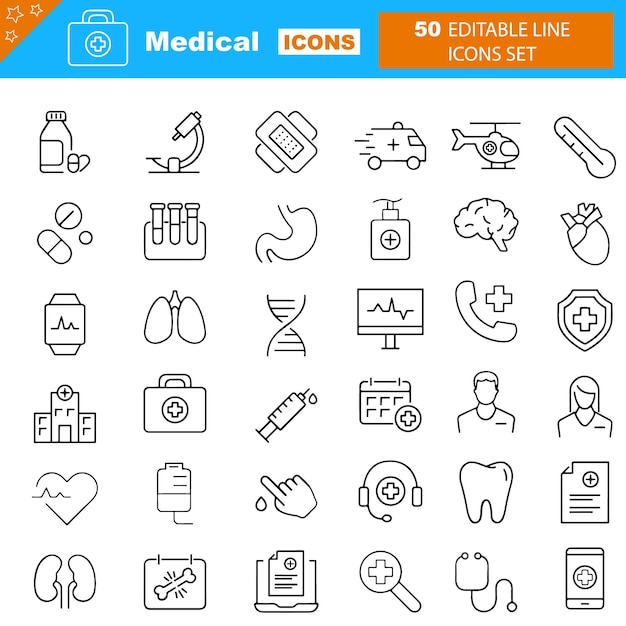 Icone di contorno medico con raccolta di colpi modificabile Illustrazione vettoriale