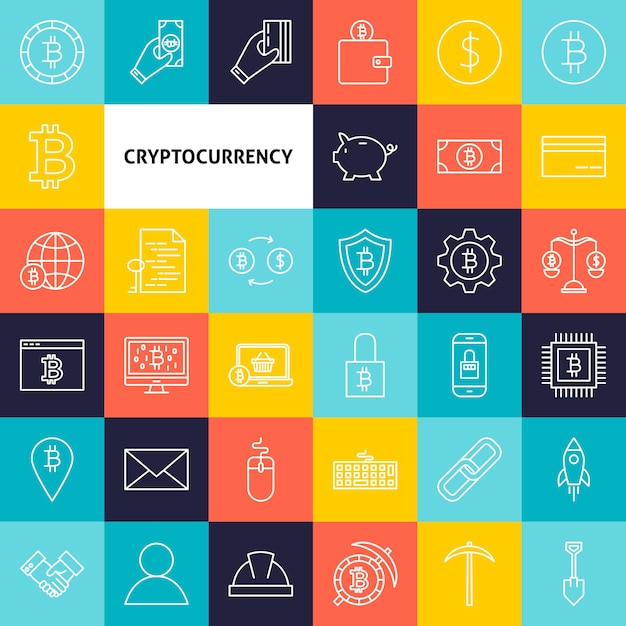 Icone di criptovaluta di linea del vettore. Simboli Bitcoin contorno sottile su quadrati colorati.