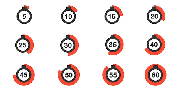 Icone di cronometro con segmenti rossi che rappresentano intervalli da 5 a 60 secondi Contadino visivo