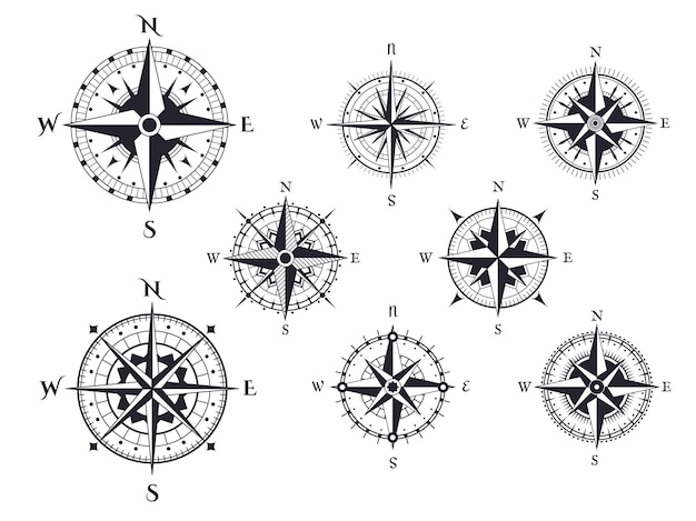 Icone di direzione nautica rosa dei venti con punti cardinali, bussole mappa vintage
