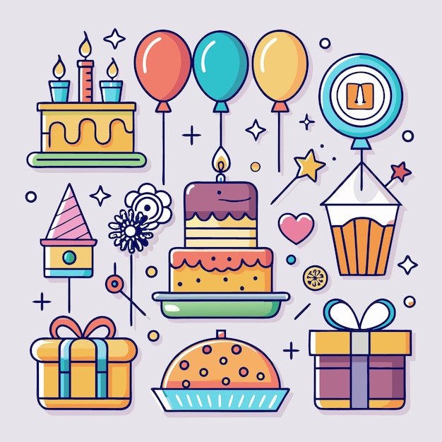 Icone di feste di compleanno in stile doodle colorato
