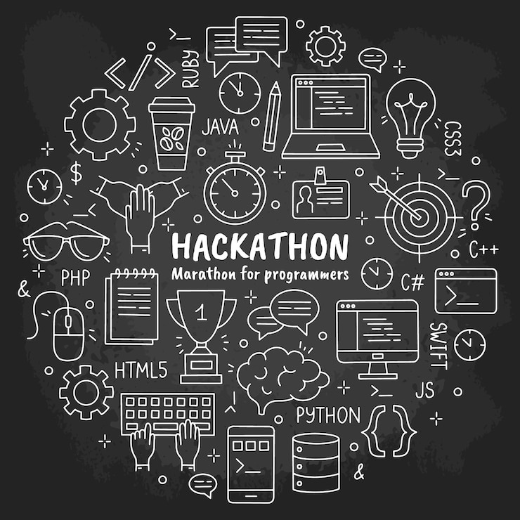 Vettore icone di gesso disegnate a mano di hackathon e datathon impostate sulla lavagna