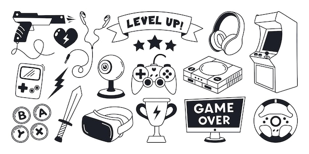 Icone di gioco Elementi di gioco disegnati a mano isolati su bianco