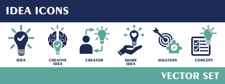 Icone di idea Contenente idea idea creativa creatore condividete idea concetto di soluzione Set vettoriale di progettazione piatta