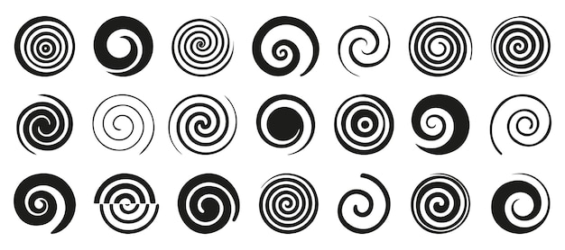 Icone di imbuto o vortice Logo di vortice nero Set di elementi a spirale Raccolta di icone di imbuto