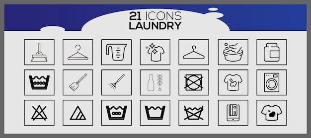 Icone di lavaggio e simboli di lavanderia in stile piatto Icone di linea di servizio di lavanderie e asciugatrici pulite