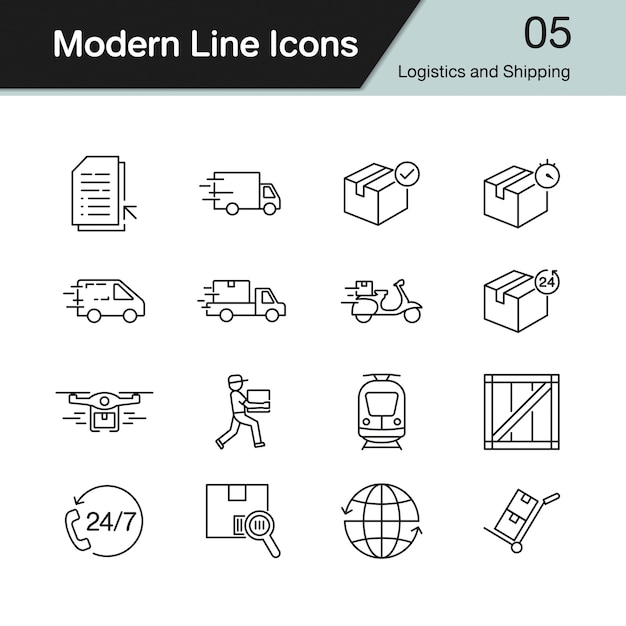 Icone di logistica e spedizione. Linea moderna design set 5.