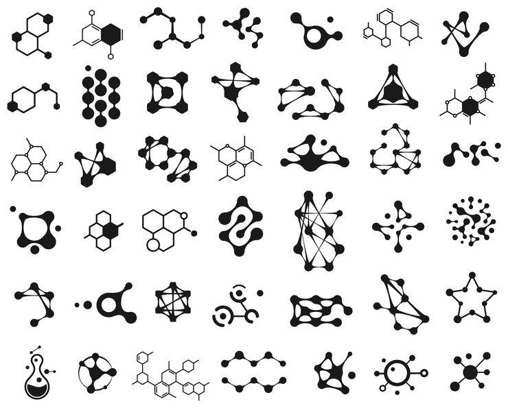 Vettore icone di molecole collegate. logo della struttura molecolare. molecola di scienza di connessione, atomo di chimica, illustrazione di struttura molecolare astratta chimica