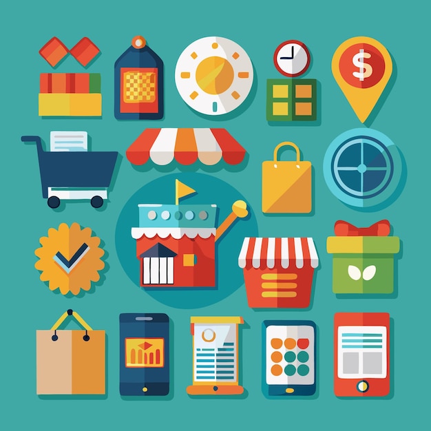 Icone di negozio online con regalo per il carrello della spesa e app mobile