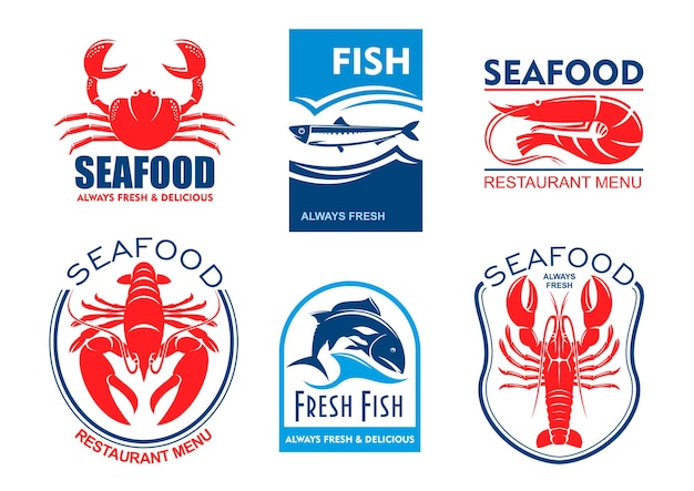Icone di prodotti a base di pesce. Emblemi vettoriali impostati per adesivo prodotto, etichetta aziendale, menu ristorante. Simboli grafici di granchio, aringa, gambero, astice, tonno