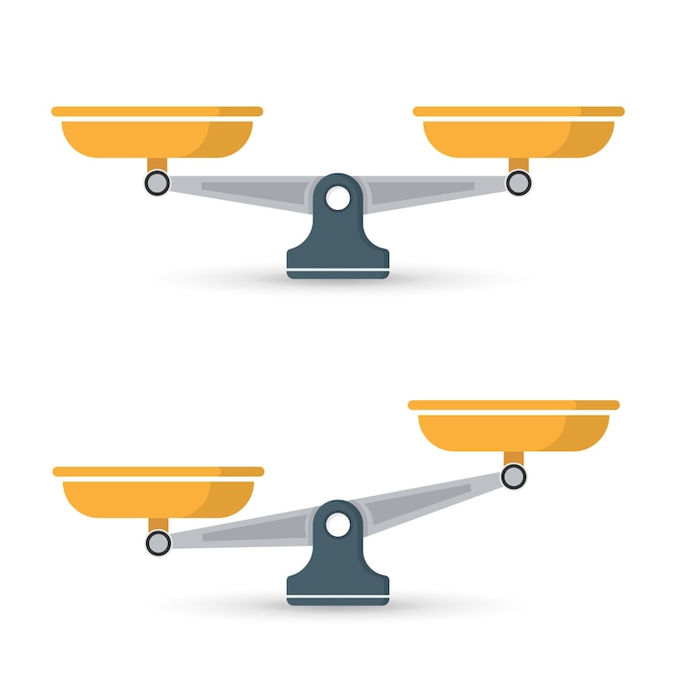 Vettore icone di scala impostate in stile piatto illustrazione vettoriale del bilanciamento del peso su sfondo isolato concetto di business del segno di confronto dell'equilibrio