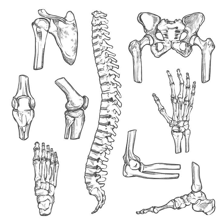 Vettore icone di schizzo di vettore delle ossa e delle articolazioni del corpo umano