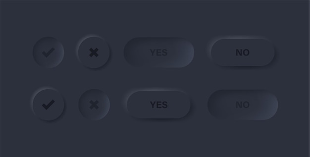 icone di spunta nei pulsanti di neumorfismo con testo sì no per interfaccia app ui ux in nero neumorphic