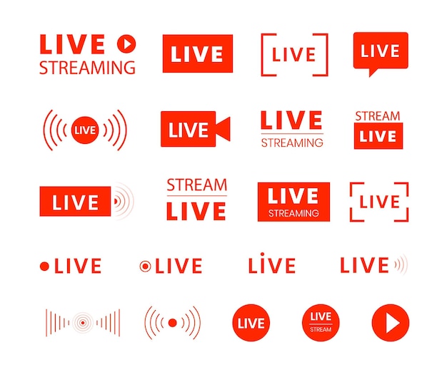 Icone di streaming live. Pulsanti di trasmissione video, simboli di streaming online per i social media. Insieme di vettore