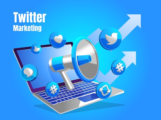 Icone di Twitter con il concetto di social media di marketing digitale per laptop e megafono