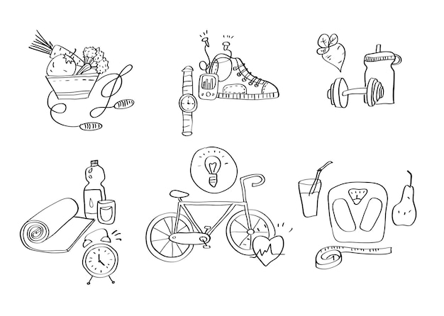 Icone disegnate a mano attrezzature sportive illustrazione vettoriale.