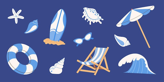Icone estive piatte su sfondo blu Articoli da spiaggia