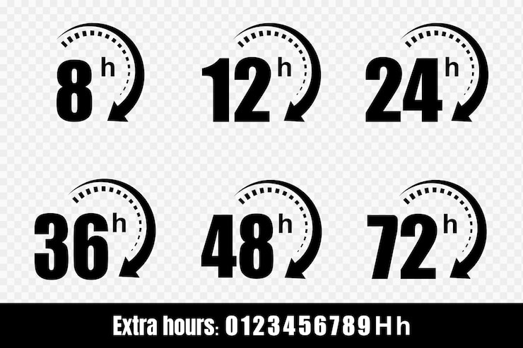 Icone freccia orologio 8, 12, 24, 48 e 72 ore. Servizio di consegna, simboli del sito Web del tempo residuo dell'affare online illustrazione.