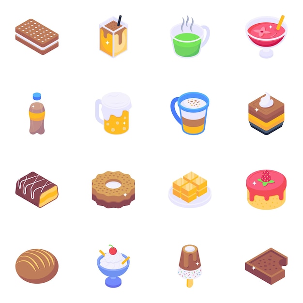 Icone isometriche di dessert e bevande
