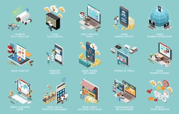 Icone isometriche di trasformazione digitale impostate con servizi pubblici, lavoro a distanza, acquisti su Internet, illustrazione vettoriale isolata 3d