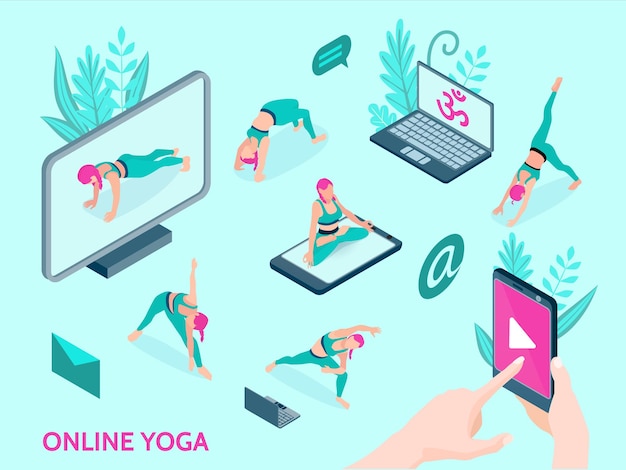 Icone isometriche di yoga online con persone che fanno esercizi utilizzando video in smartphone e computer isolati