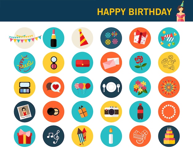 Icone piane di concetto di buon compleanno.