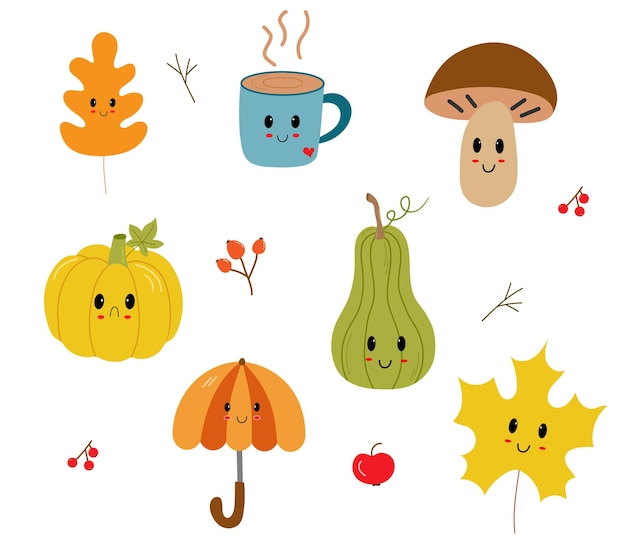 Icone piatte autunnali del cartone animato Lascia zucche funghi ombrello