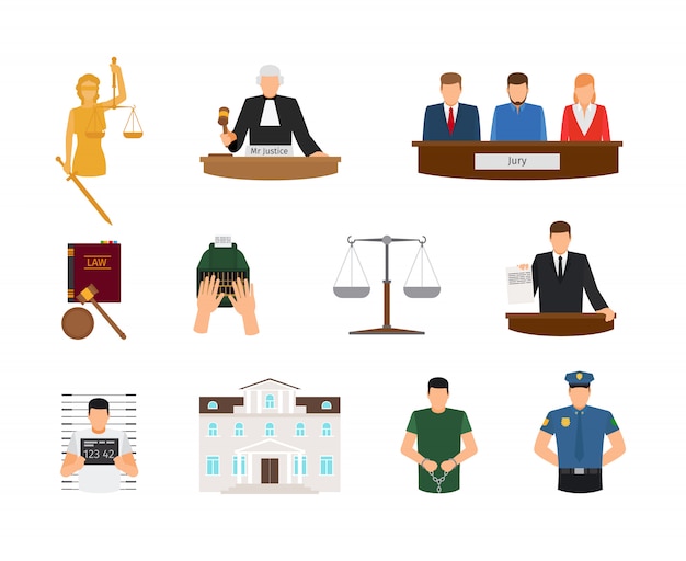 Icone piatte di giustizia e punizione di legge e giustizia