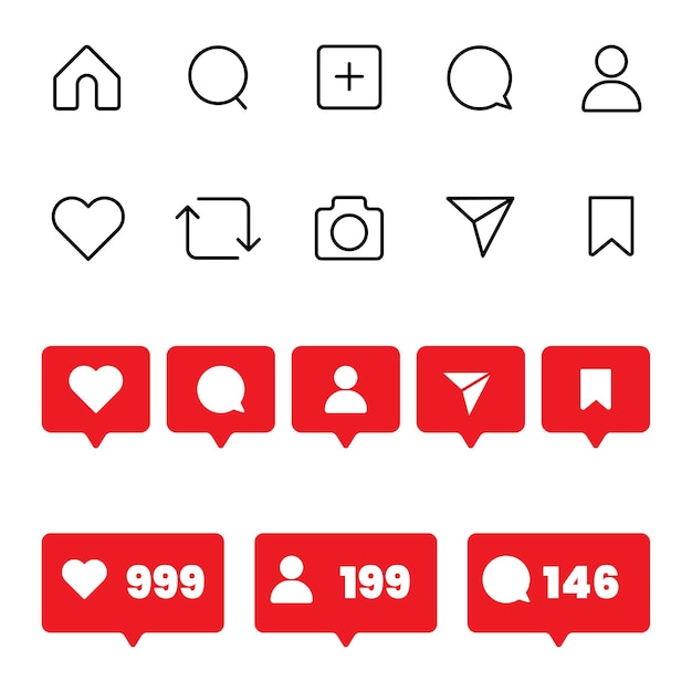 Icone piatte di Instagram e icone di notifica