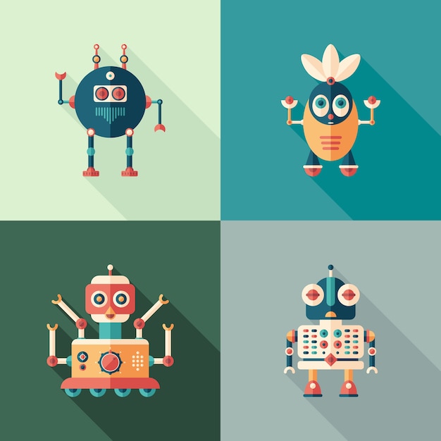 Icone quadrate piatte di robot felice con lunghe ombre