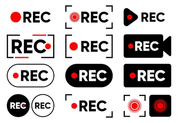Icone Rec Raccolta di pulsanti di registrazione Concetto di registrazione video Inizio della registrazione di audio o video
