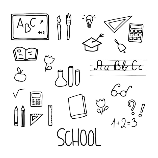 Icone scolastiche con scritte Illustrazione della linea vettoriale del disegno a mano
