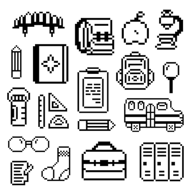 Icone scolastiche impostate in stile Pixel Art