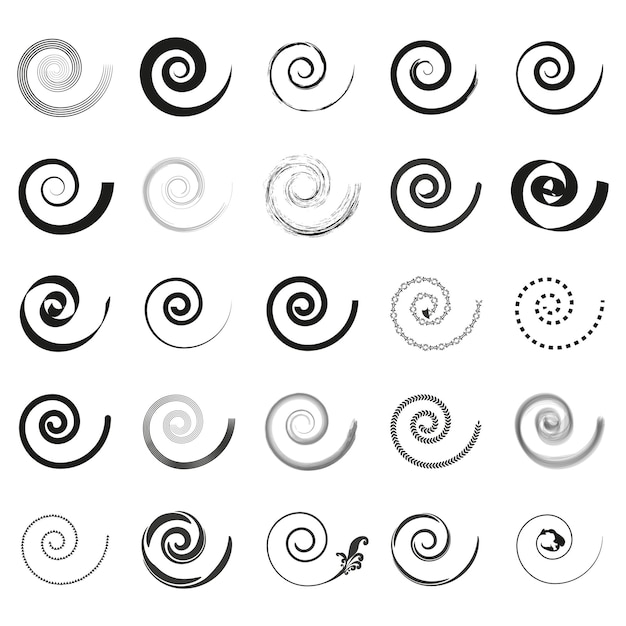 Icone vettoriali a spirale Disegni a vortice astratti Forme decorative geometriche Disegno in bianco e nero