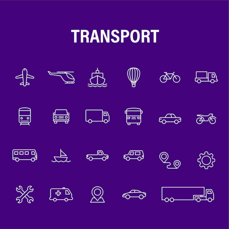 Vettore icone vettoriali di trasporto auto navi treni aerei illustrazioni vettoriali set di silhouette isolate